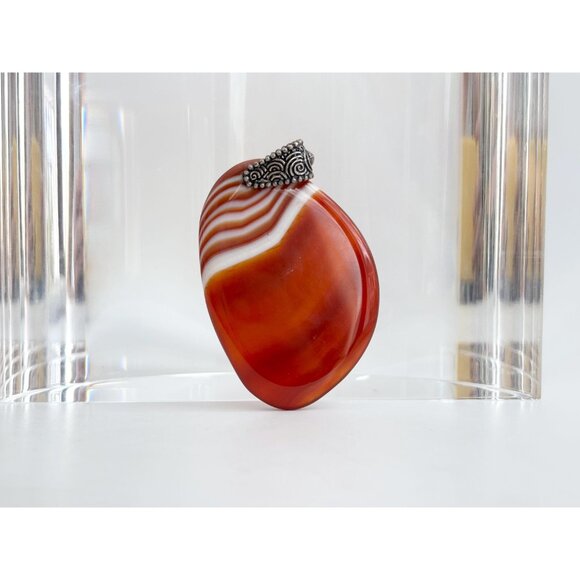 Golden Banded Agate Crystal Oval Shaped Large Silver Toned Vintage Pendant - Picture 9 of 12